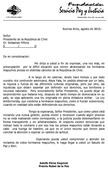 Carta de Adolfo Perez Esquivel al Prisedente Sebastian Pinera.